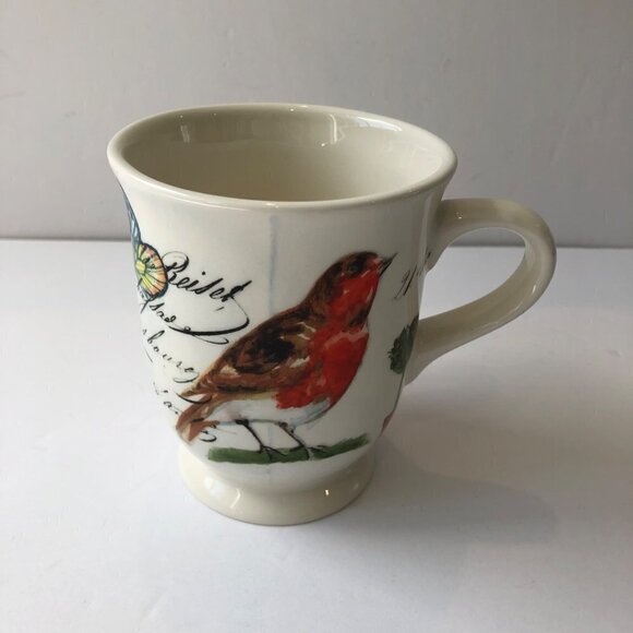 Williams Sonoma M Lange Spring Garden Footed Coffee Mug 2011 Bird Buttefly - Picture 1 of 8